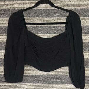 Aritzia Wilfred Black Ruched Cropped Blouse Bohemian Small EUC